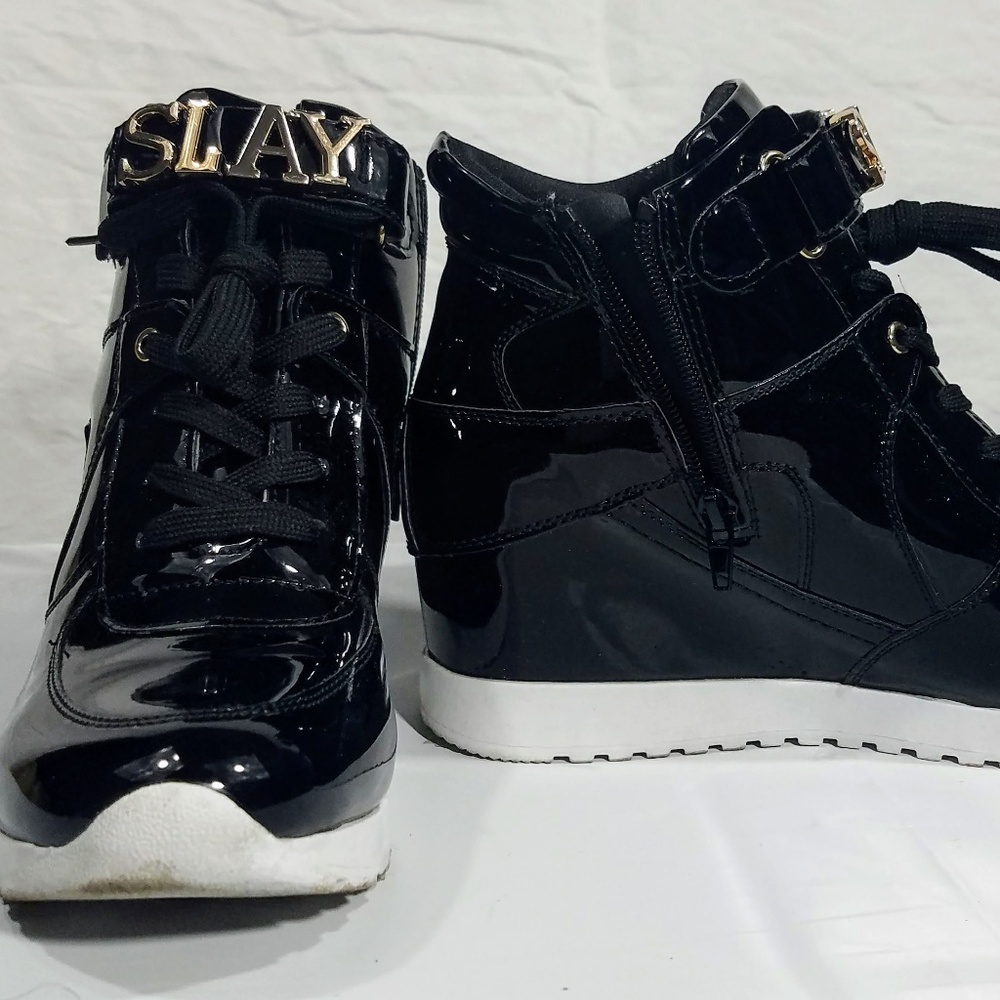 Shoedazzle Black Patent Leather Wedge Sneakers,Sz9
